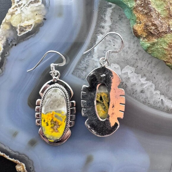 Sterling Silver Southwestern Style Oval Eclipse Jasper Decorated Dangle Earrings - Picture 7 of 10